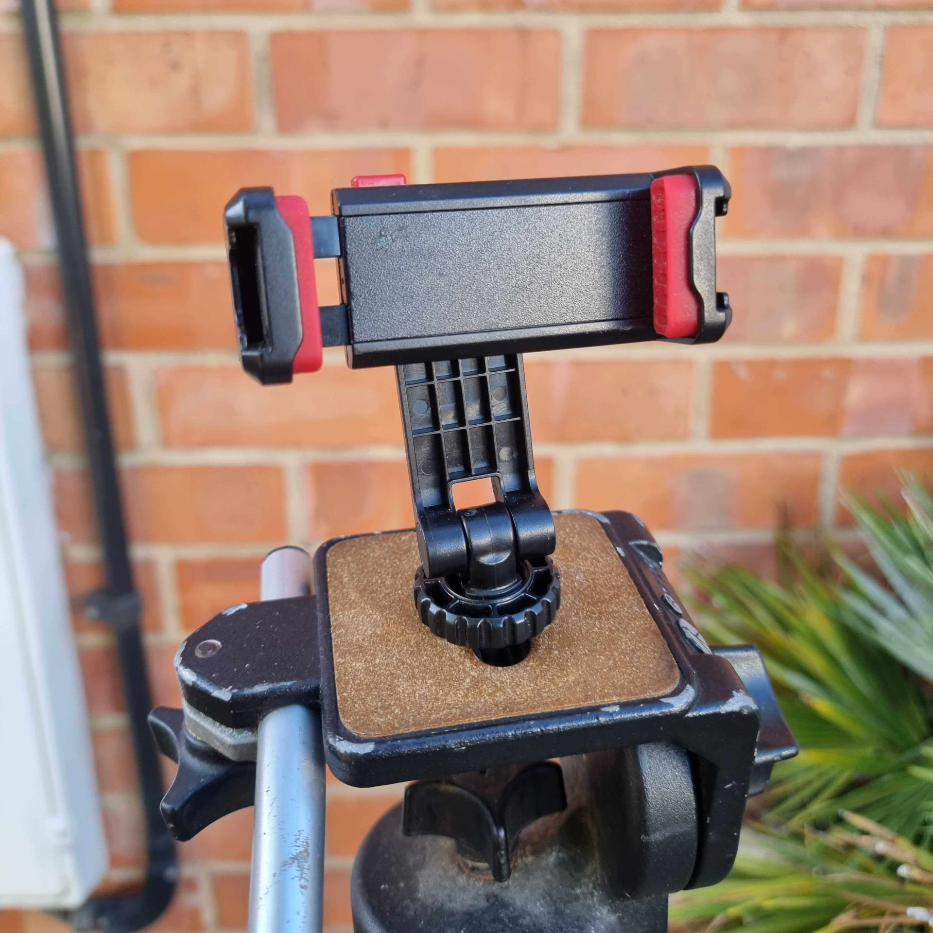 Close-up of a smartphone holder attached to a tripod for creating landscaping content